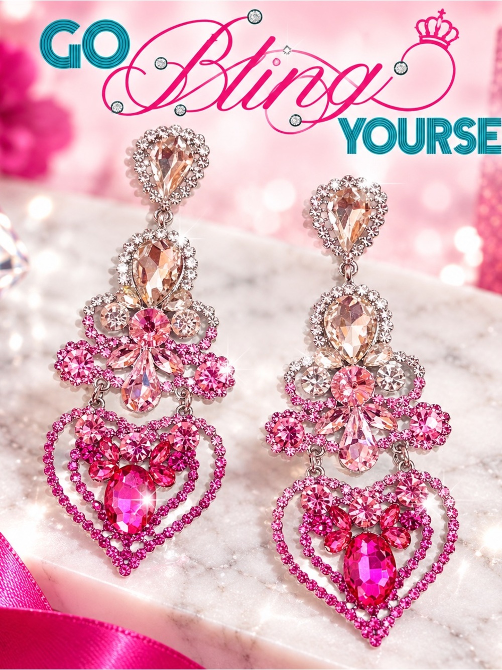 Custom Pink Heart Crystal Drop Earrings for Women